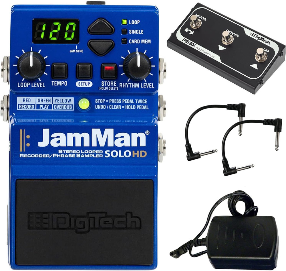 Digitech Jamman Solo HD Stereo Looper Pedal - Bundle with 2 Patch Cables and Fs3