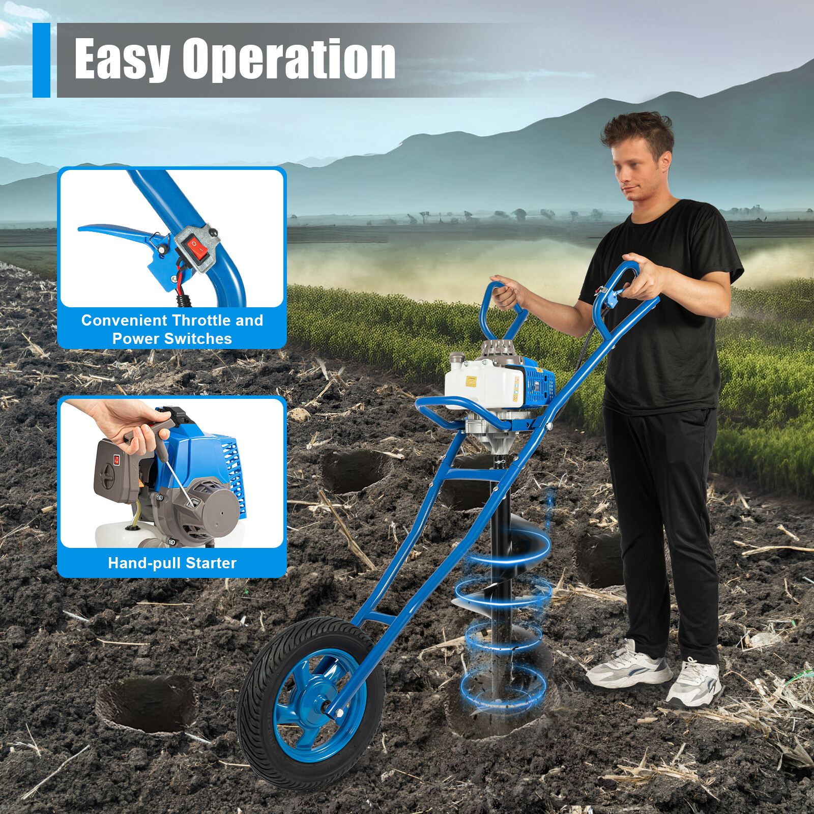 63cc 3hp Gas Powered Post Hole Digger Earth Auger with 12-Inch Bit