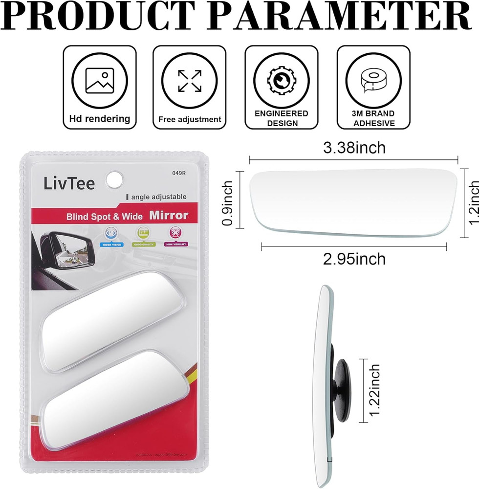 Blind Spot Mirror, Rectangular Shaped HD Glass Frameless Convex Rear View Mirror