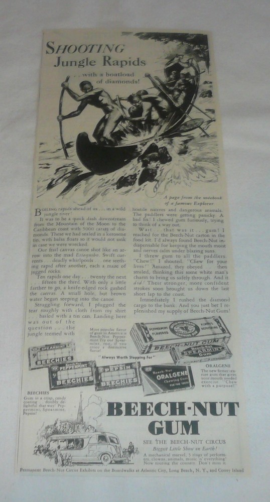 1937 Beech-Nut Gum ad ~ SHOOTING JUNGLE RAPIDS