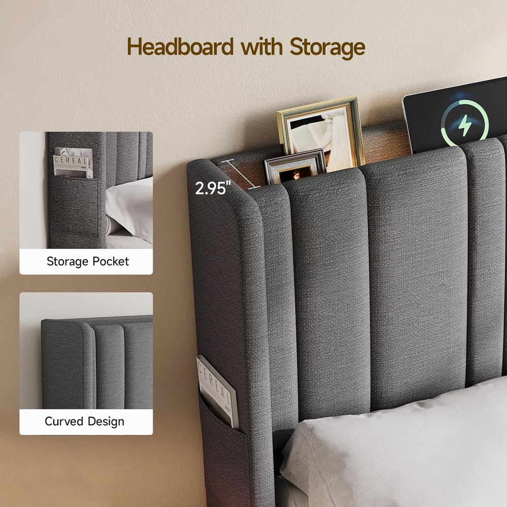 Queen Size Headboard with Storage, LED Light, Linen Vertical Wingback Headboard
