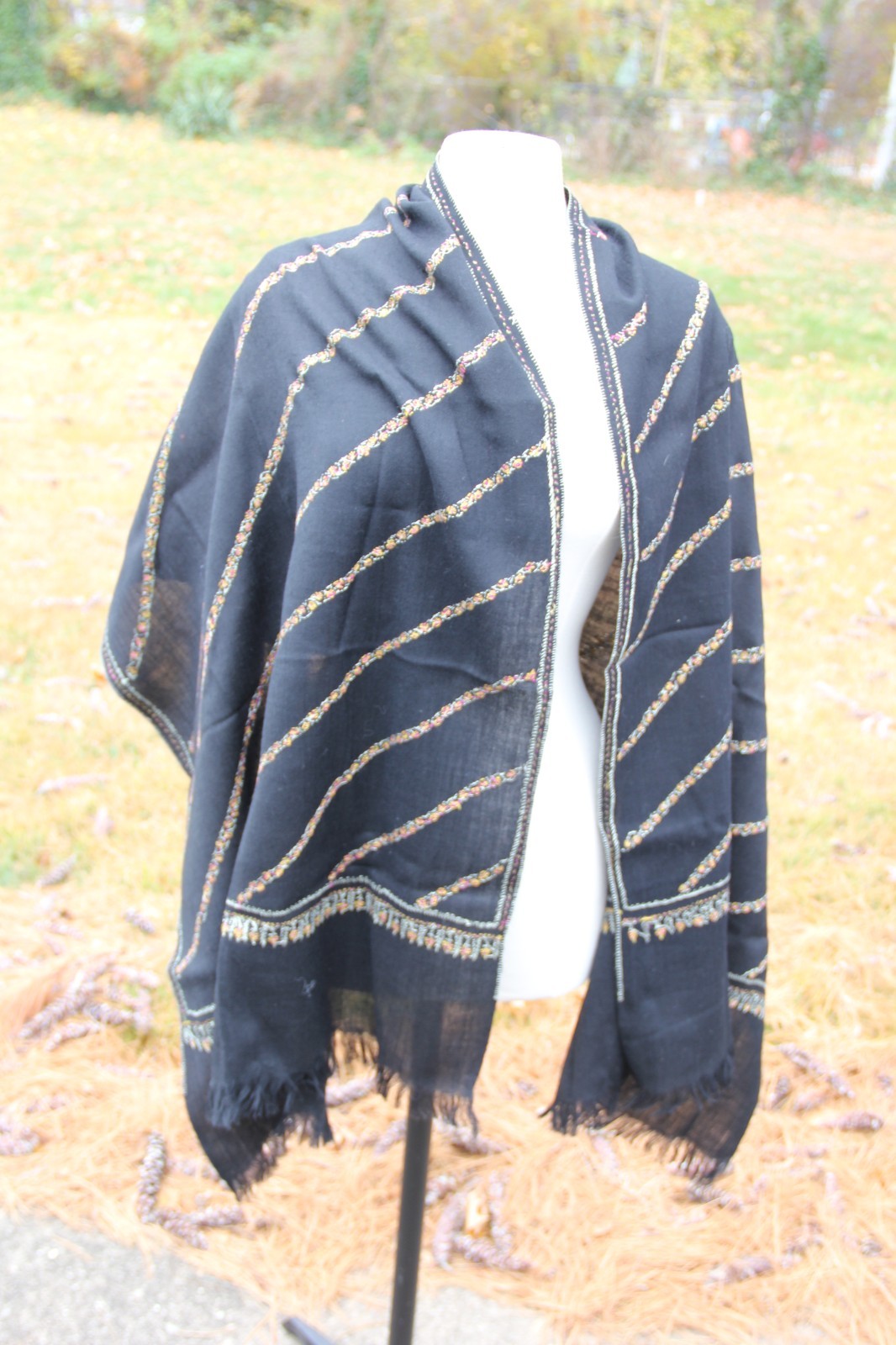 Wool Large Throw/Shawl Black Embroidered Trim and Fringe 76"x25"