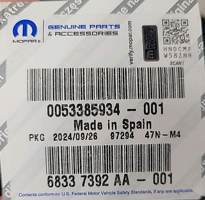 Genuine Mopar Park Assist Sensor 68337392AA