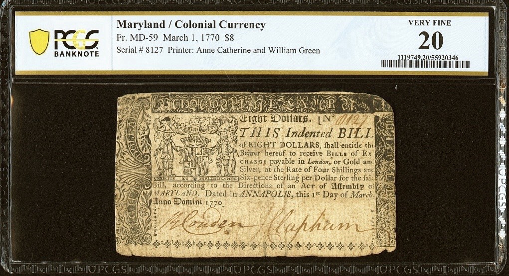 1770 MARYLAND, American Revolution Colonial Currency Bank Note MD-59, PCGS VF20