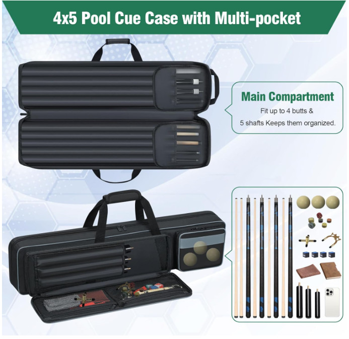 Pool Cue Case 4x5 Soft Padded Stick Bag with Backpack Straps Multi-Pocket