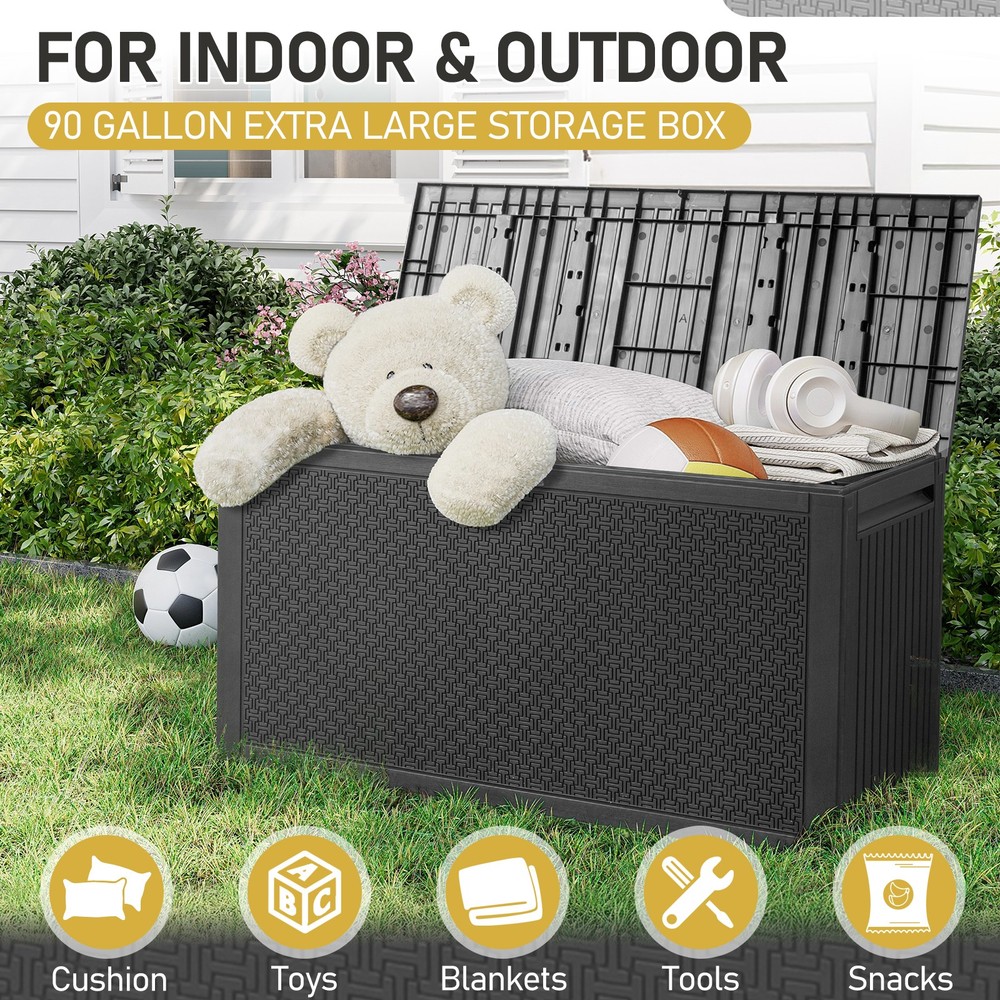 90 GAL Outdoor Black Maze Pattern Garden Lockable Plastic Storage Box