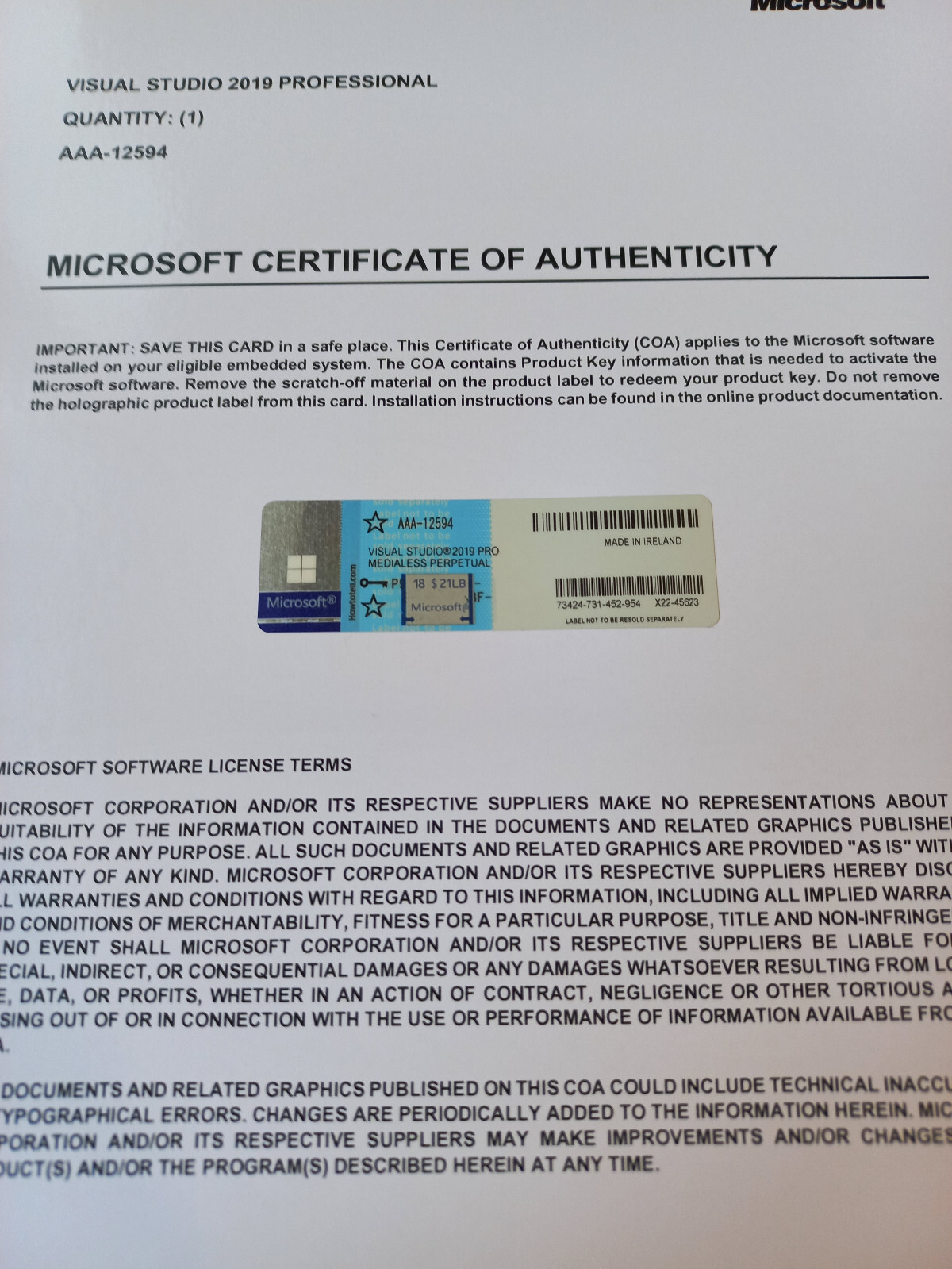 Microsoft Visual Studio 2019 Professional CoA AUTHENTIC License AAA-12594
