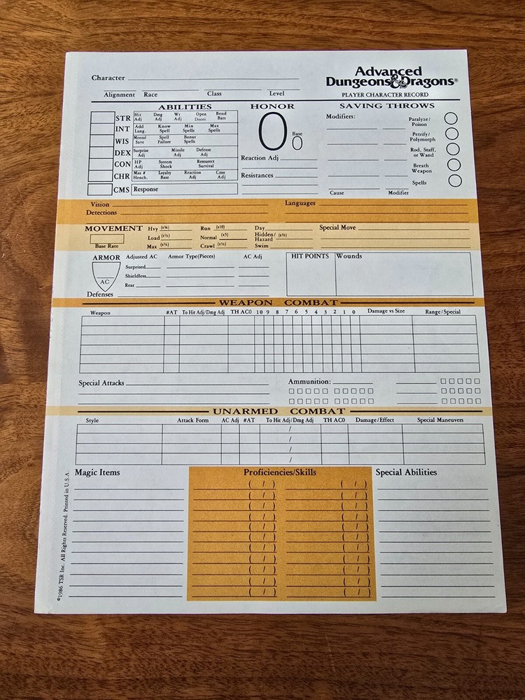 AD&D 1st Edition REF2 Player Character Record Sheet Singles TSR