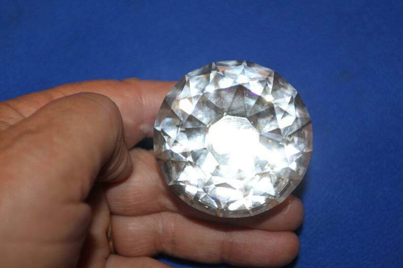 (2) knobs Large Crystal Look Glass Knob Pulls Diamond Cut Solid, 2" dia., HW-DL2