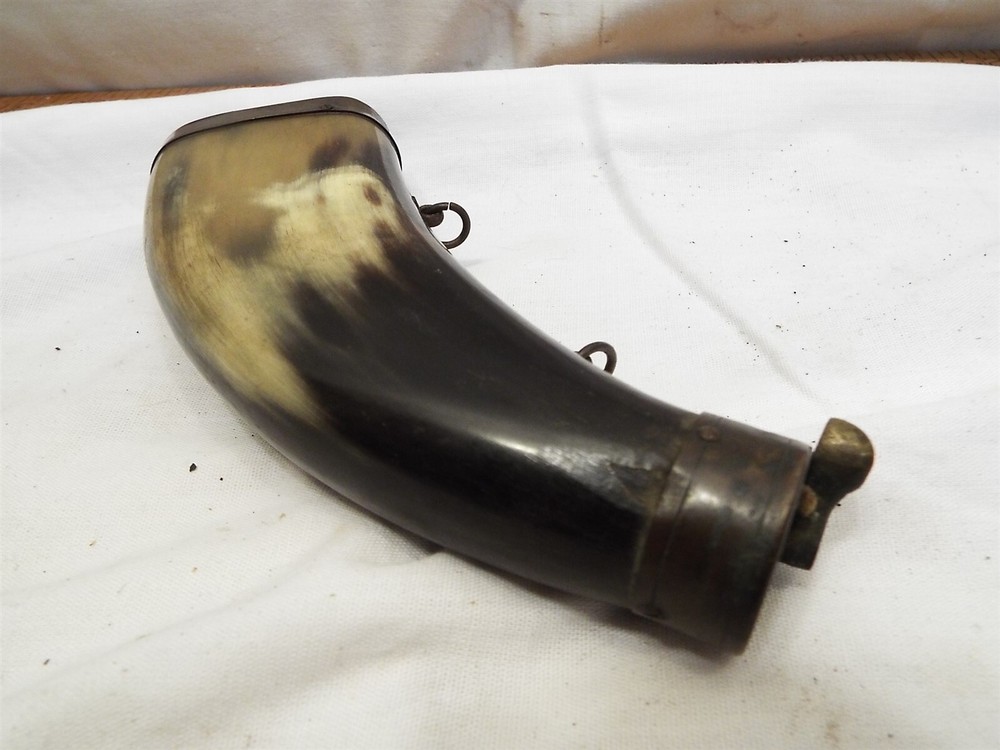Antique Brass & Steer Horn Black Powder Flask Compact Small Muzzleloader Hunting