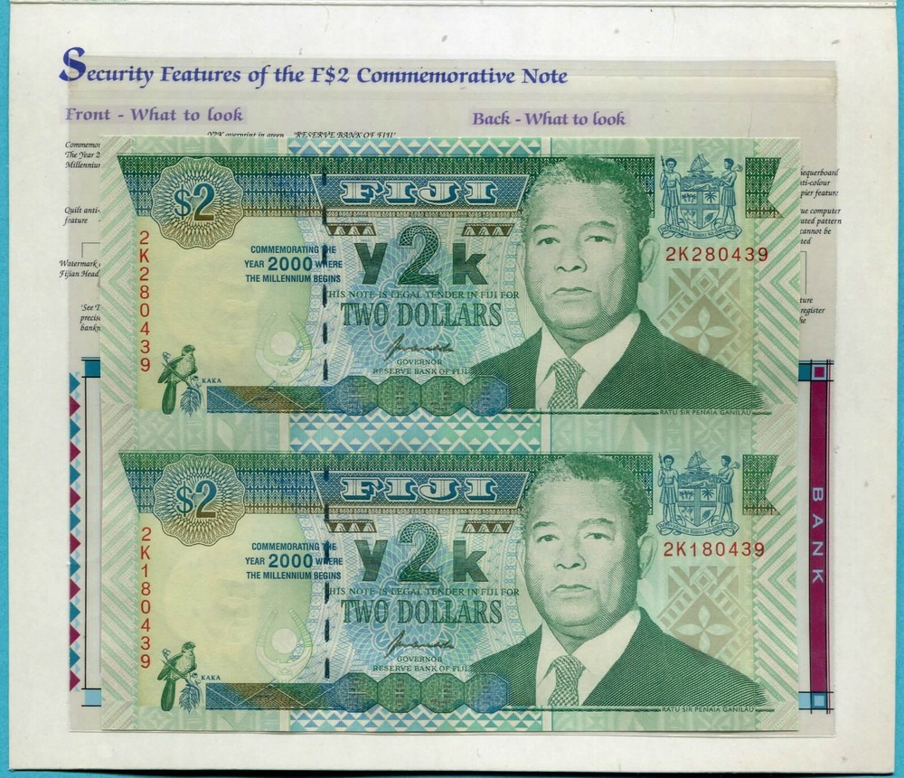 Fiji 2 Dollars 2000 P102 UNC - Uncut / Commemorative Y2K - w/ folder only 100K