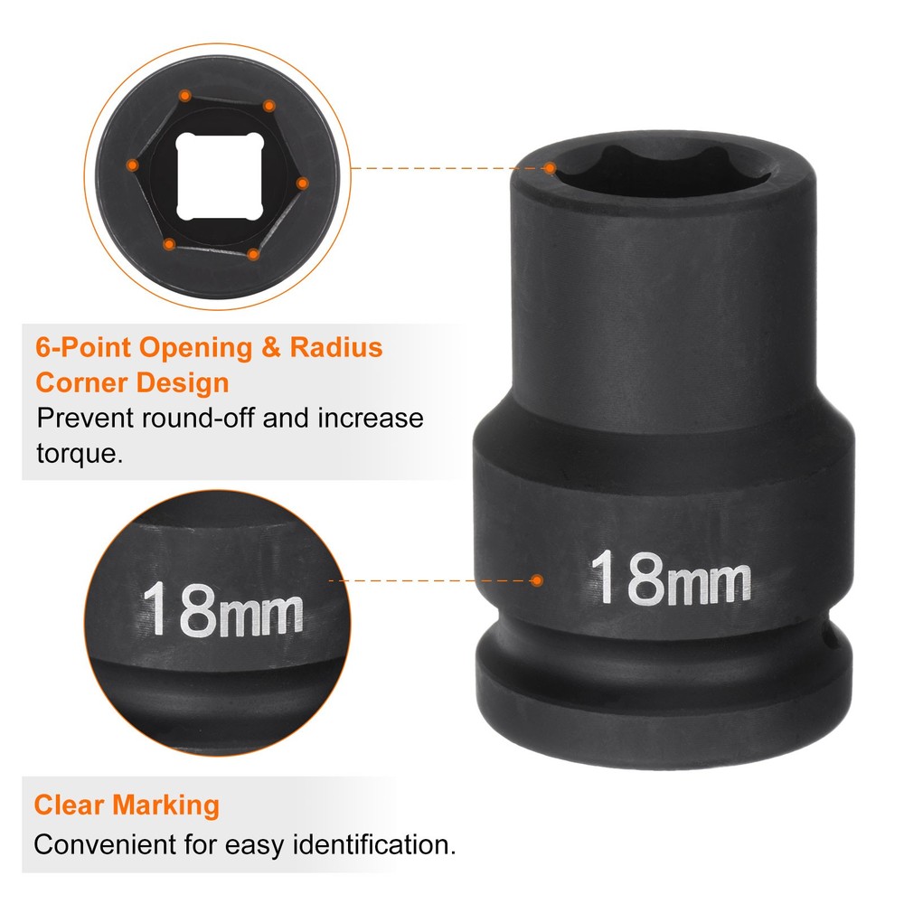 6-Point Impact Socket 3/4" Drive 18mm Metric 40Cr Impact Socket