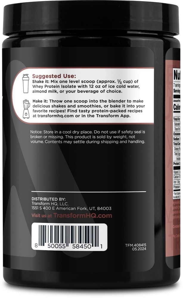 TransformHQ Whey Protein Isolate (WPI) Chocolate Flavored Powder - 7 Servings