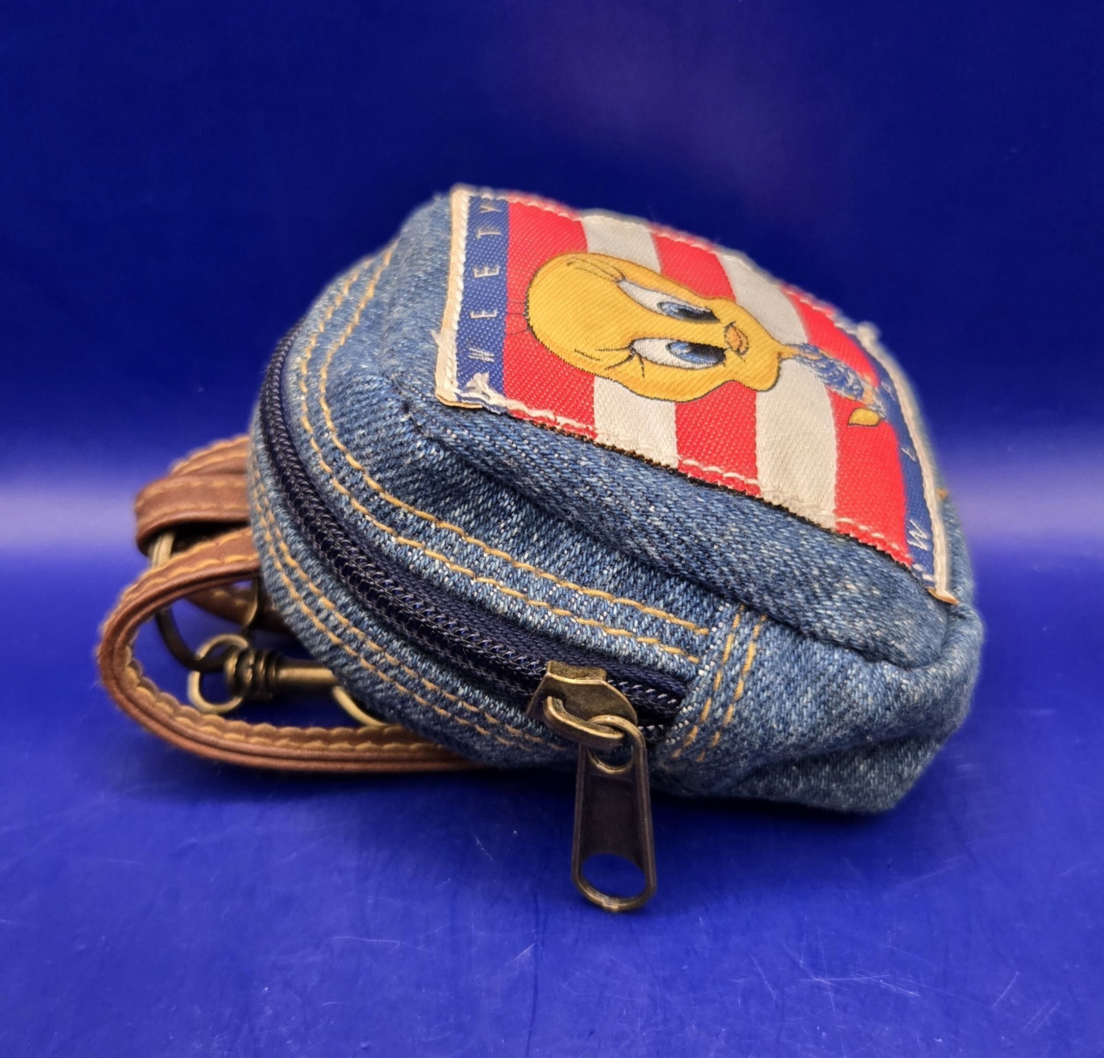 Vtg 1998 Warner Bros Looney Tunes "TWEETY WEAR" Mini Denim Backpack w/Keychain🐤