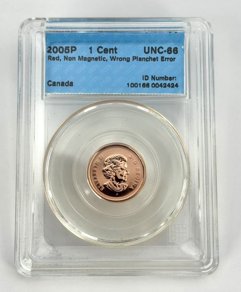 2005P Canada 1 Cent MINT ERROR, Wrong Planchet, Non Magnetic - CCCS GEM UNC66