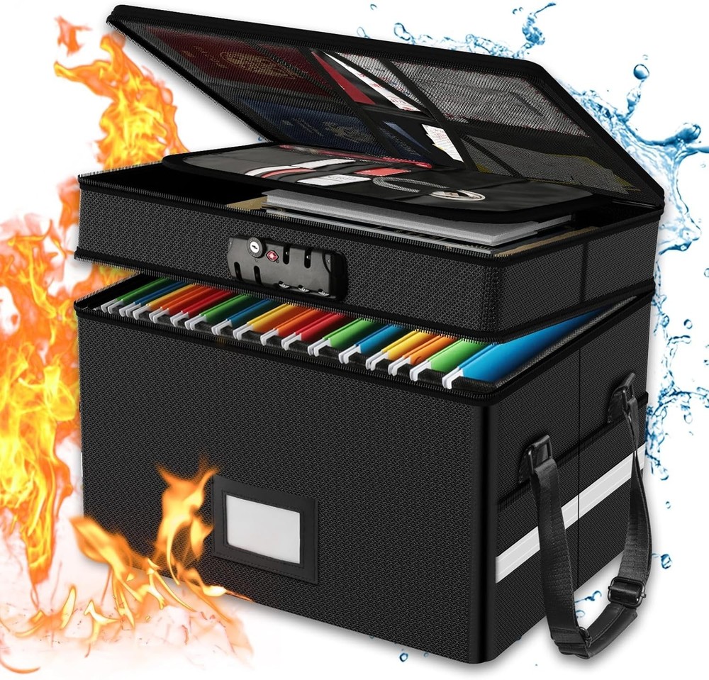 Fireproof Document Box with Lock - Portable 2 Layer File Safe for Home & Office