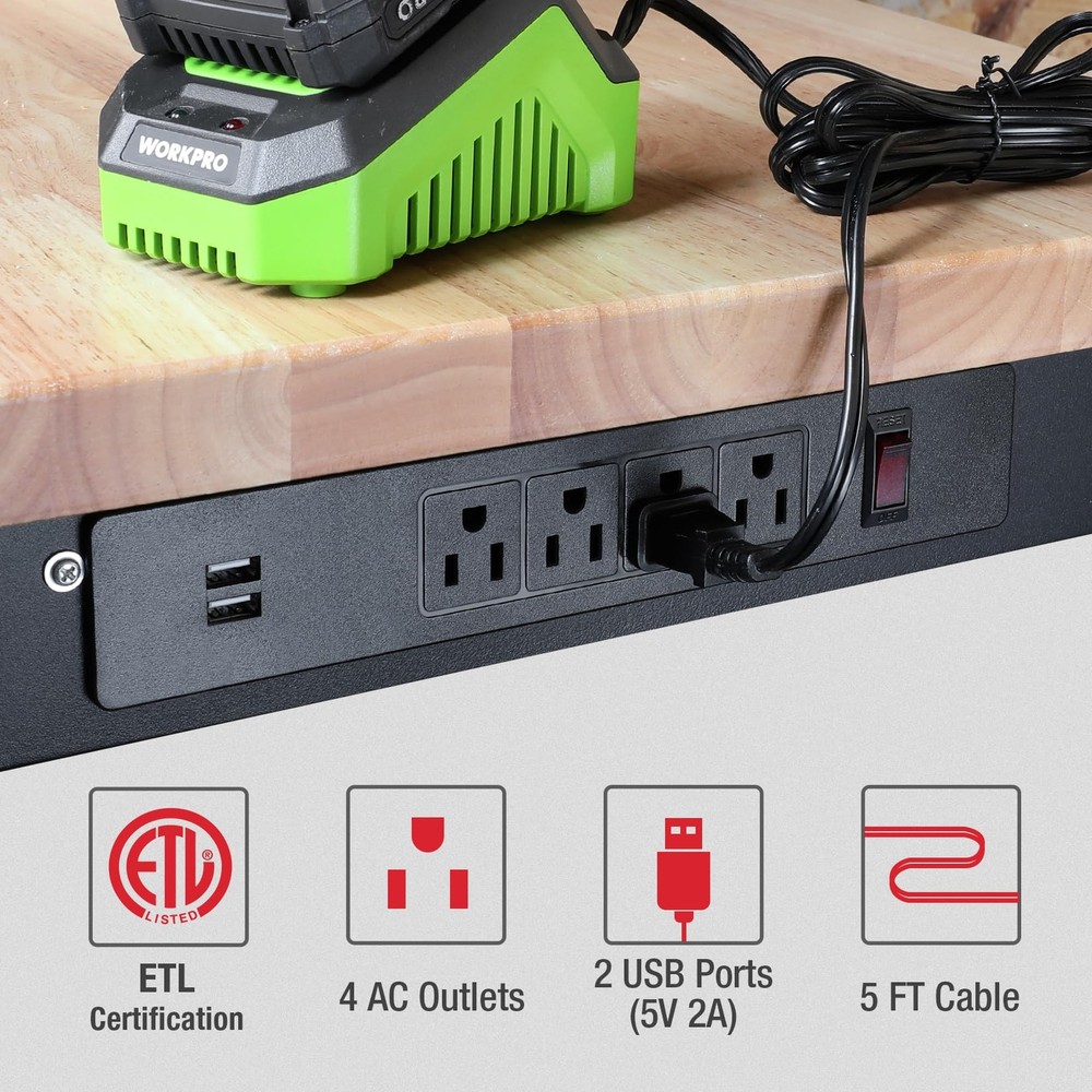 WORKPRO 72" Adjustable Workbench Garage Workbench Power Outlets 3000LBS Load MAX