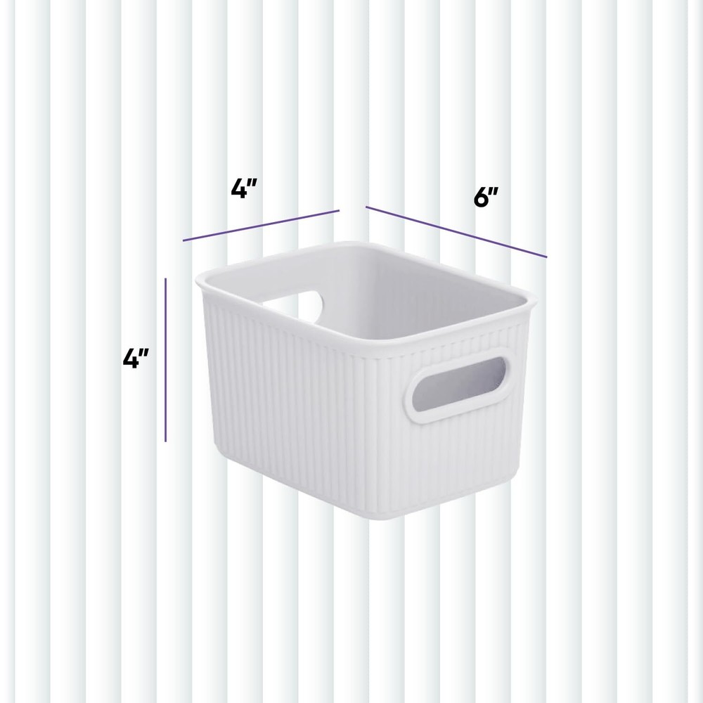 1.5 L Mini Ribbed Storage Bin, Decorative Plastic Storage Baskets, White, 6 Pack