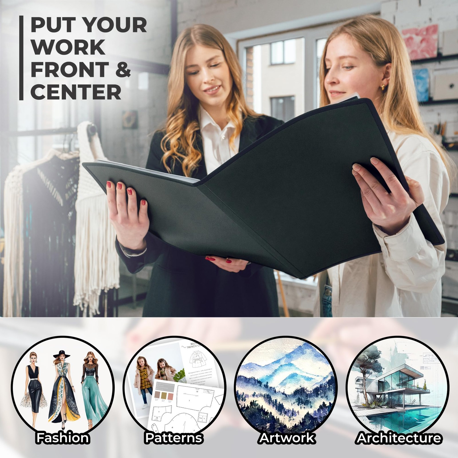 Dunwell 11x17 Art Portfolio Binder with Black Mounting Paper (Black), Large P...