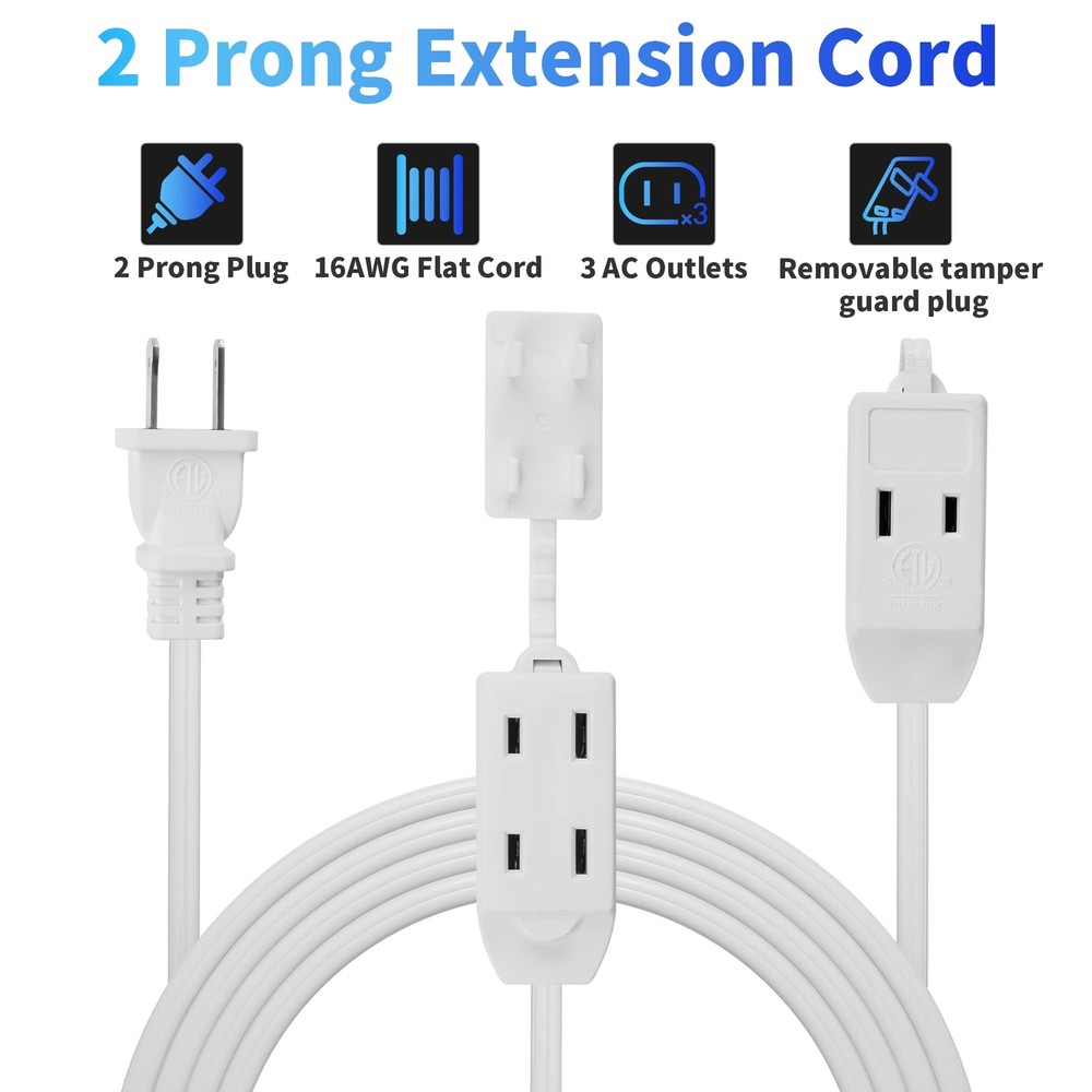 2 Prong Extension Cable 25 FT Extra Long Power Cord with 3 Outlets Flat Multi...