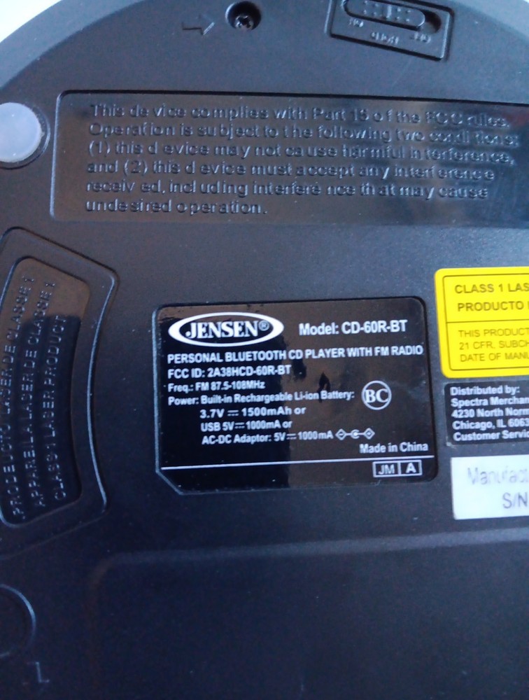 Jensen CD-60R-BT Personal Bluetooth CD Player Black UNTESTED No Charger