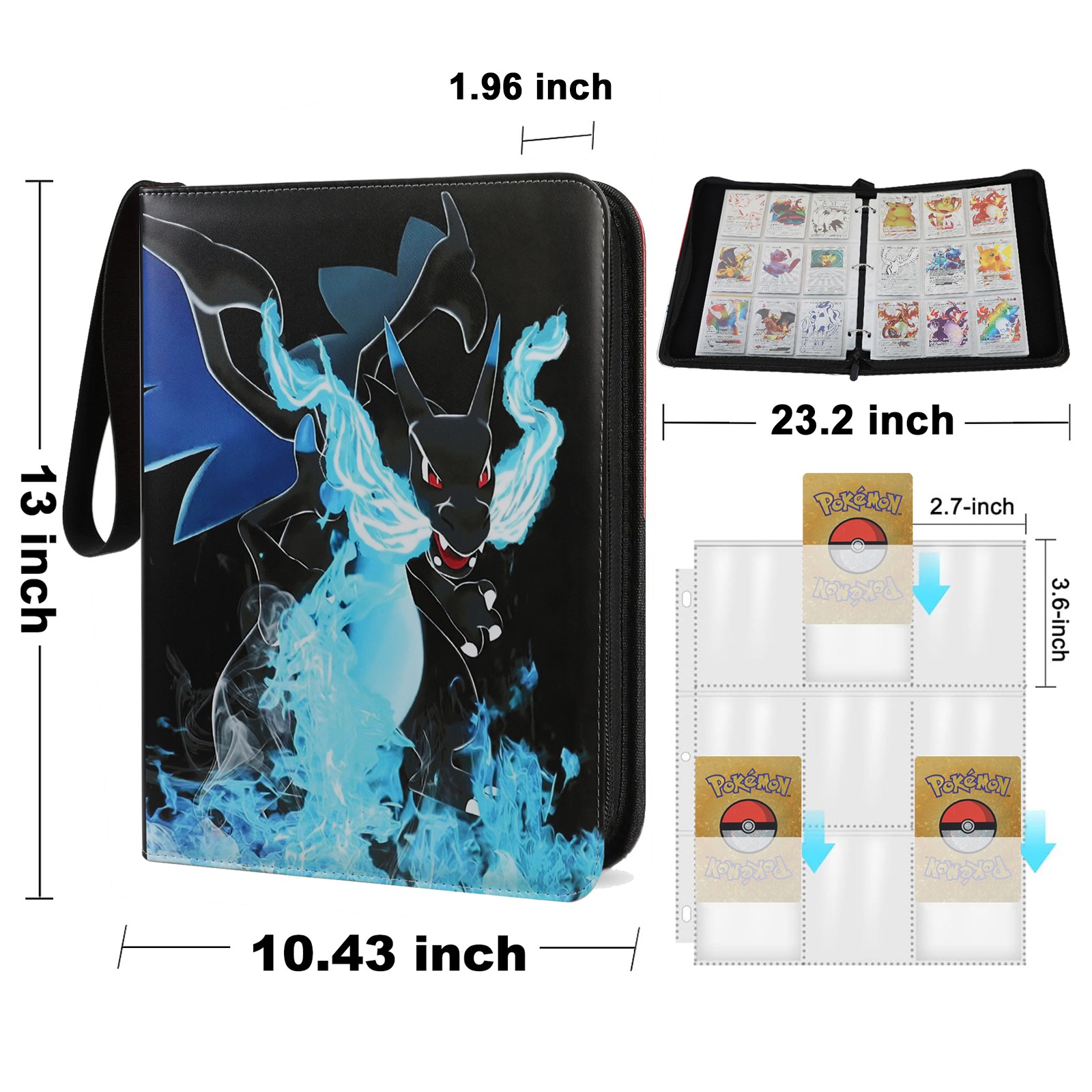 900 Card Pocket Binder 9 Pockets Trading Cards Album Folder - Super Charizard X