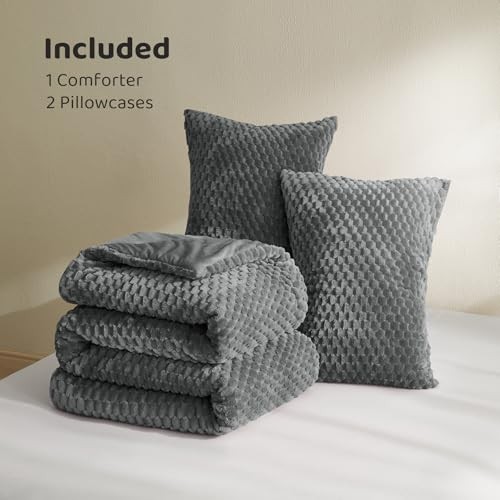 Fluffy Comforter Set - Ultra-Soft Flannel Thick Comforter for Bed, Queen Gray