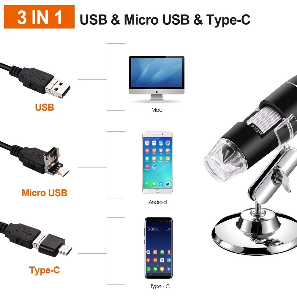 USB Digital Microscope 40X to 1000X, 8 LED Magnification Endoscope Camera wit...