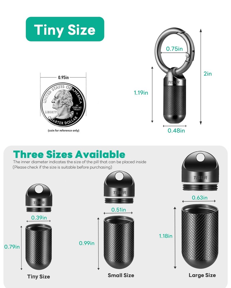 TISUR Small Pill Keychain Container, Mini Tiny Black-0.39 Inch, Black