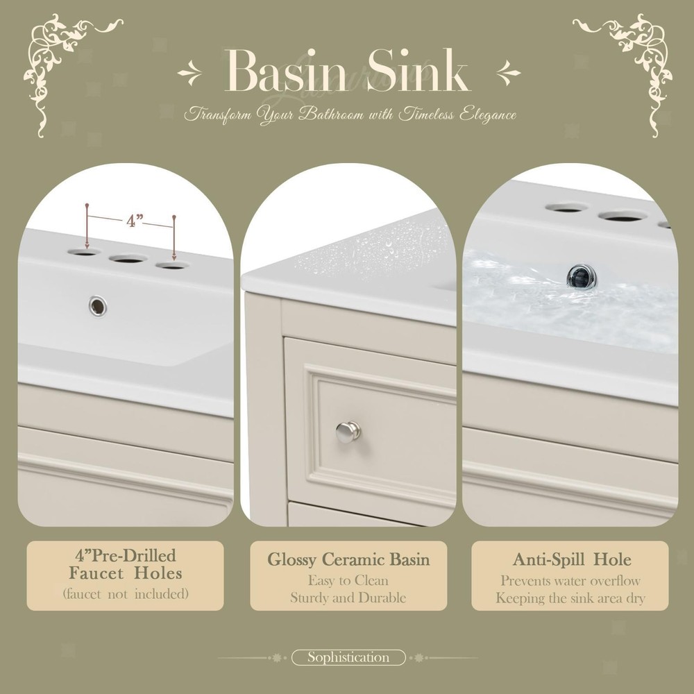 36'' Beige Bathroom Vanity Cabinet Set with Ceramic Sink, Solid Wood Frame,