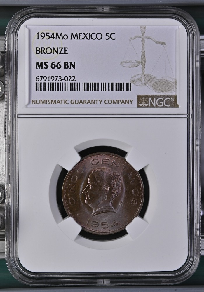 1954 Mo Mexico 5 Centavos Bronze NGC MS 66 BN