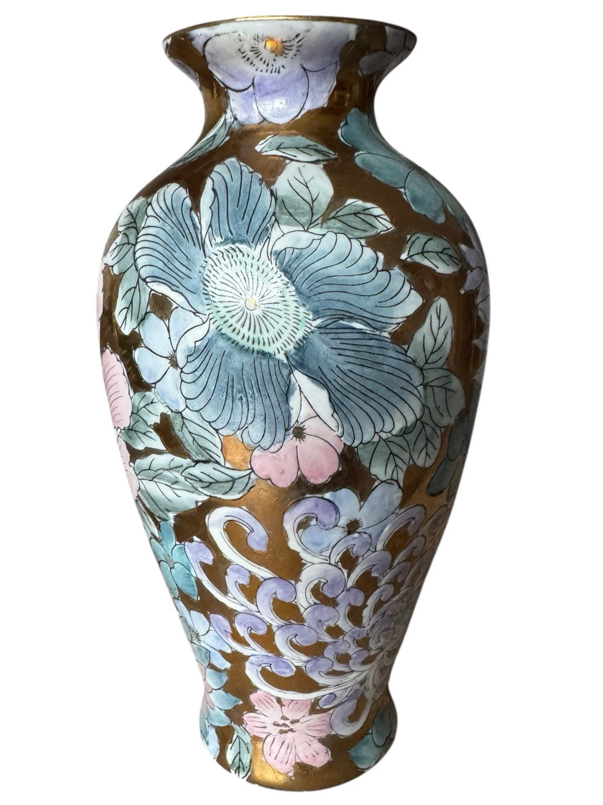 Vintage 8” Vase Chinoiserie Golden Peony Pastel Pink Purple Blue Toyo Macau 1970