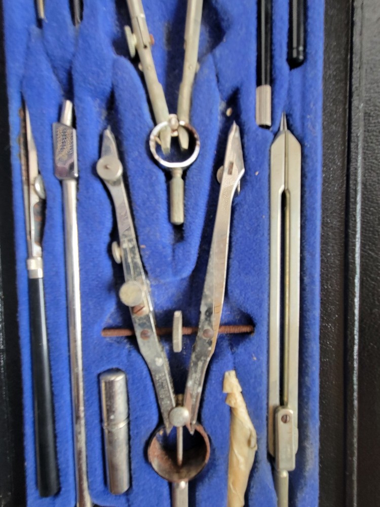 Vintage Drafting Compass Set Drawing Tools Blue Felt Case Engineering Architect