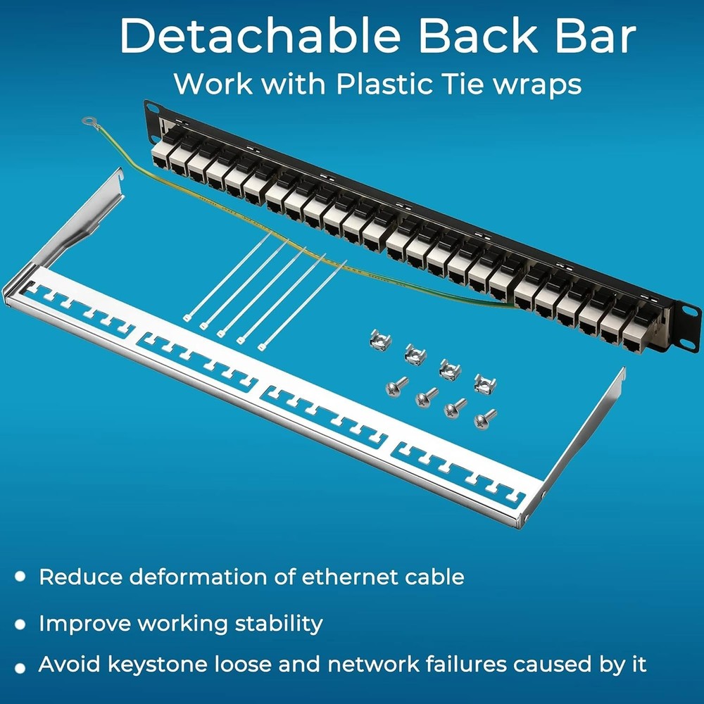 Rapink Patch Panel 24 Port Cat6A with Inline Keystone 10G Support, Coupler Patch