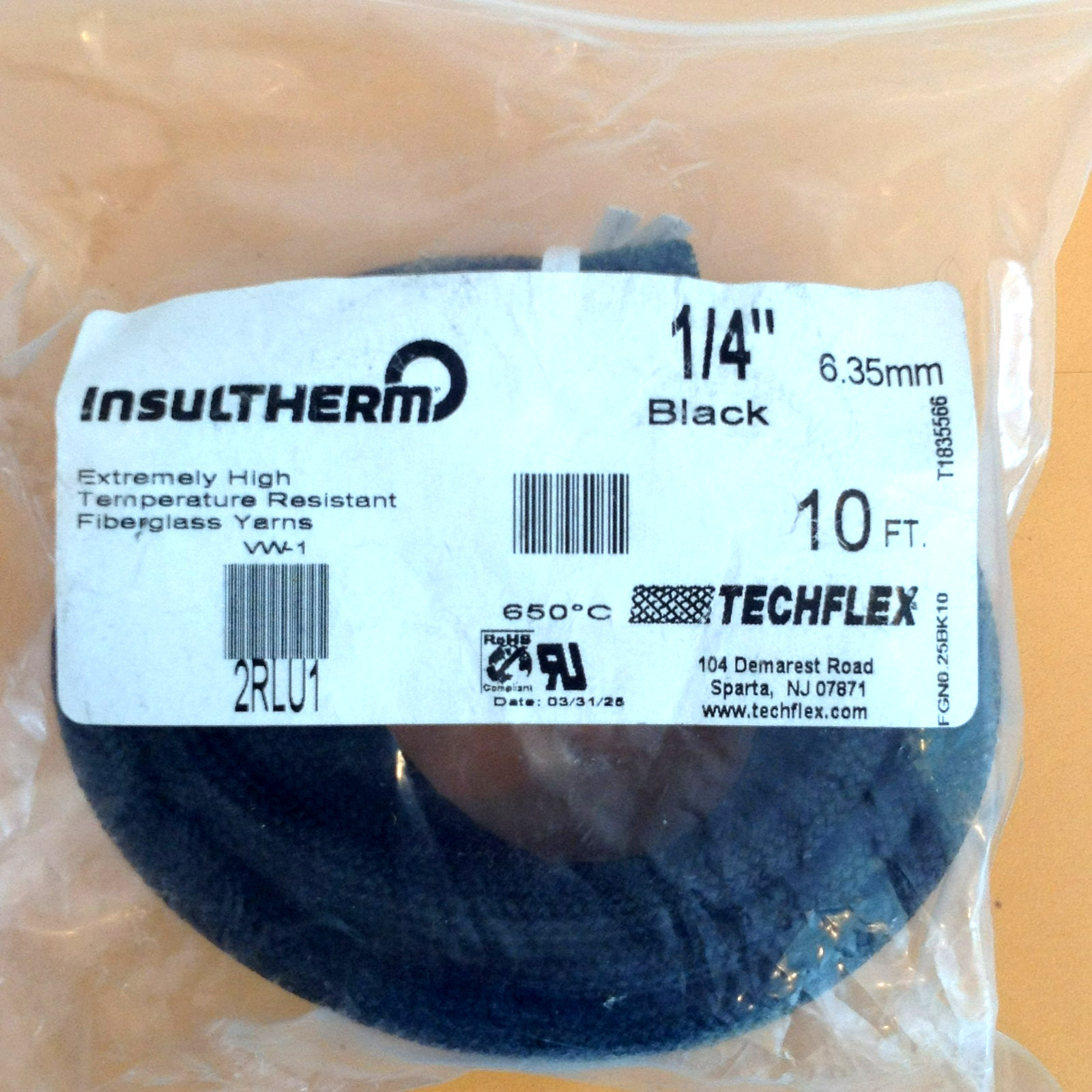 Insultherm TECHFLEX 1/4" Extremely High Temp Sleeving FGN0.25BK10 2RLU1 10 Ft