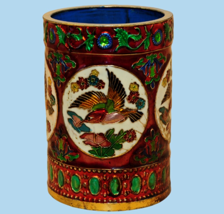 Vintage Chinese Gilt Bronze Cloisonné Brush Pot Handcrafted Floral Bird Artifact