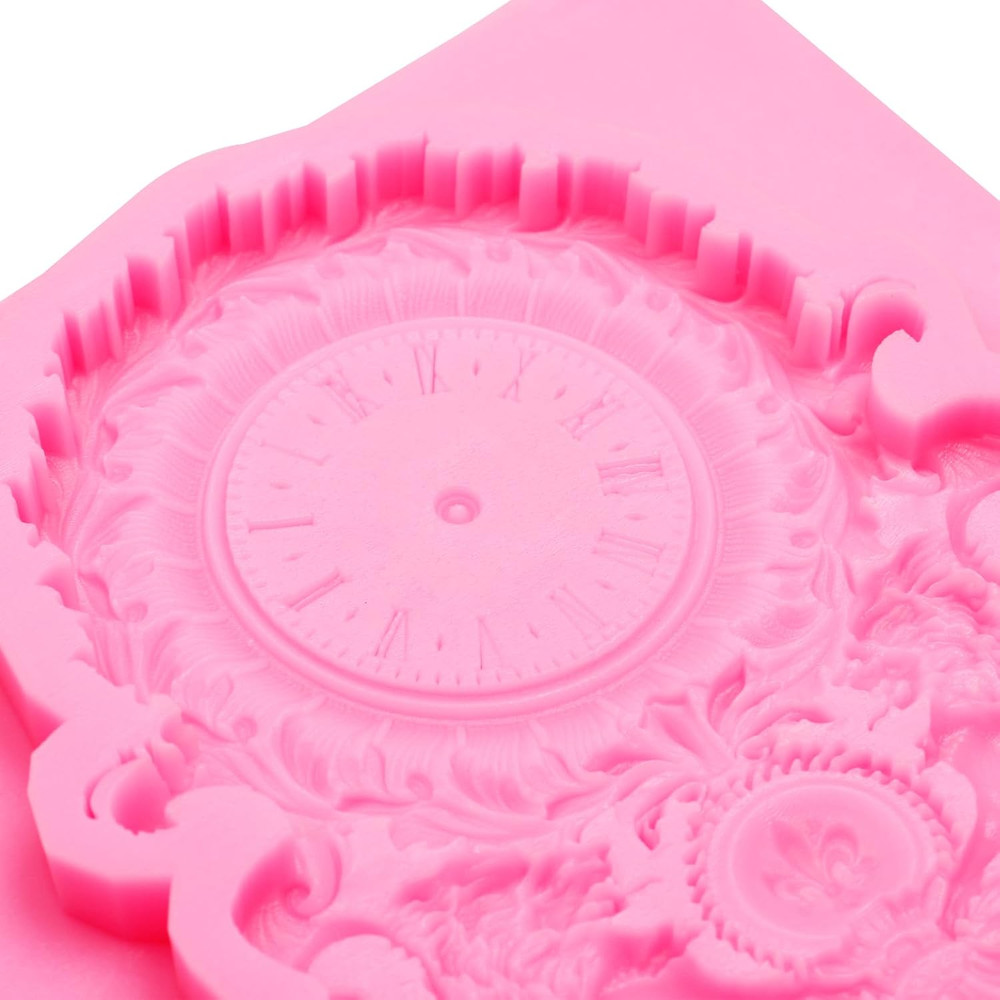 Vintage Clock Design Silicone Mold, Pink Decorative Clock Face Pattern with Orna