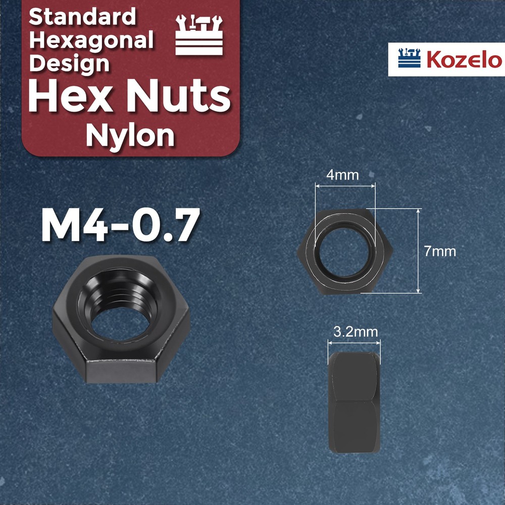 100pcs Hex Nuts - [M4-0.7] Nylon Hardware Nuts, Black, UNC