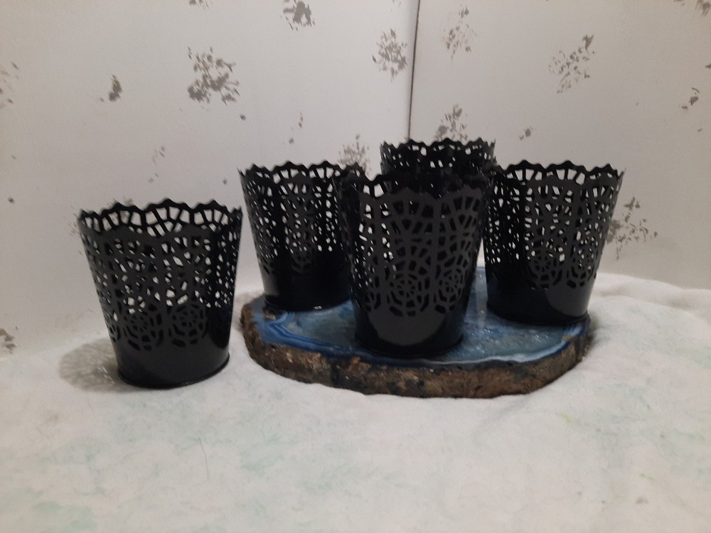 Cute Black Metal Baskets With Patterned Cutouts. Crackle Or Spiderweb Design