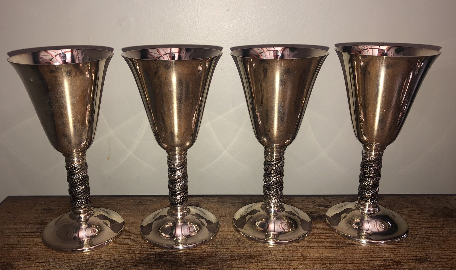 (12) Vintage Alfonso Lara Silverplate Wine Cups Goblets Spain Vine Twisted Stem