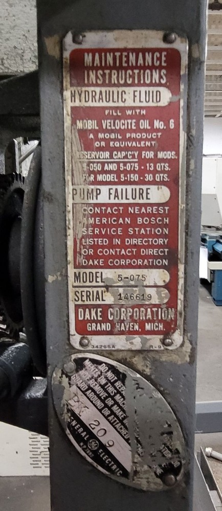 75 Ton Dake 5-075 Elec-Draulic H Frame Press