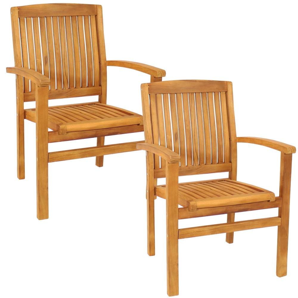 2 Solid Teak Wood Stackable Outdoor Dining Armchair - Light Brown by Sunnydaze