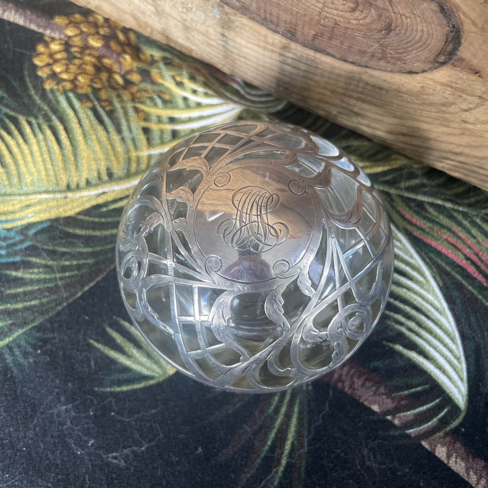 Antique Sterling Silver Overlay Glass Globe Art Nouveau Inkwell