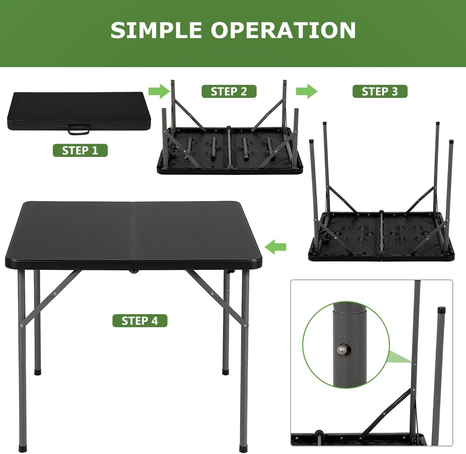 34" Folding Card Table Plastic Table Portable Square Height Dining Table, Black