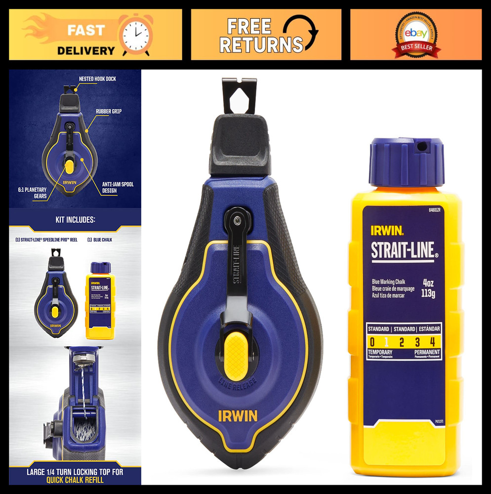 Chalk Line Tool 100ft Speedline Pro Reel, Blue - Precision Marking & Layout Tool