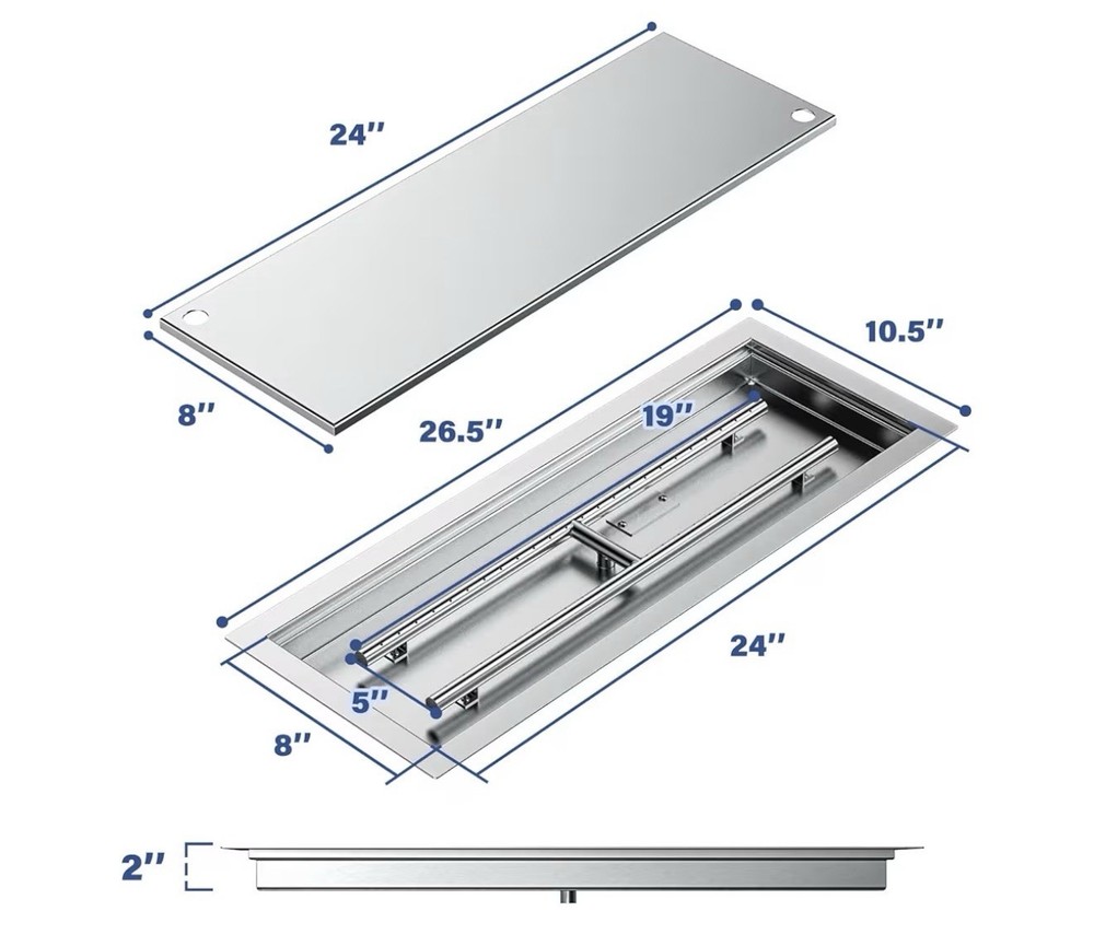 Rectangular Stainless Steel Drop-in Fire Pit Pan Burner, 24x8 Inch Burning Area