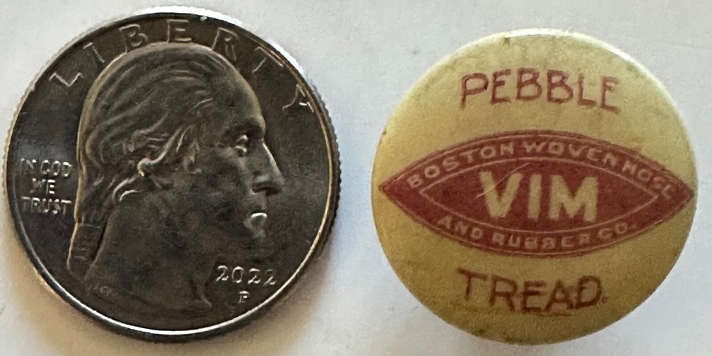 VIM Pebble Tread Boston Woven Hose and Rubber Co Stud Back Celluloid Button