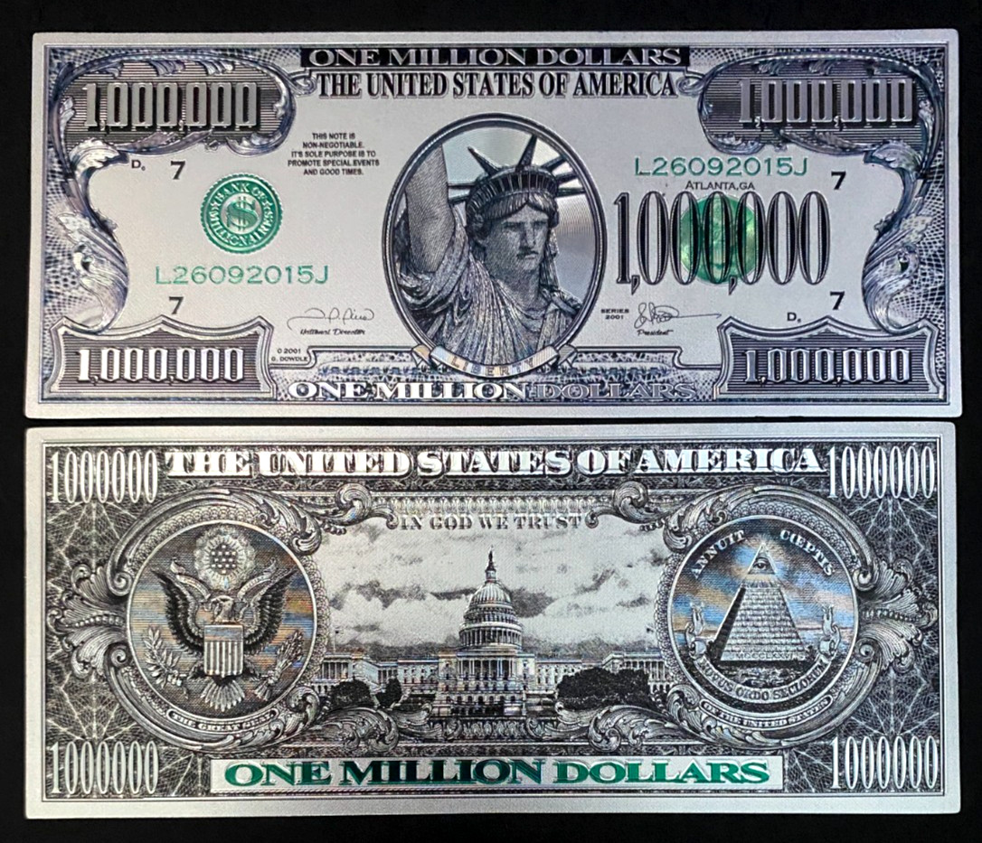 Lot of 100 - Silver Foil Million Dollar Bill with Green Seal TWO SIDED Printed