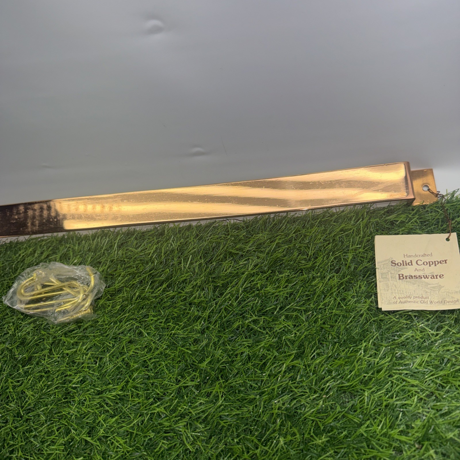 Vintage Solid Copper 24” Utensil Rack Korea Brass Tone Hooks Wall Scuffed NOS