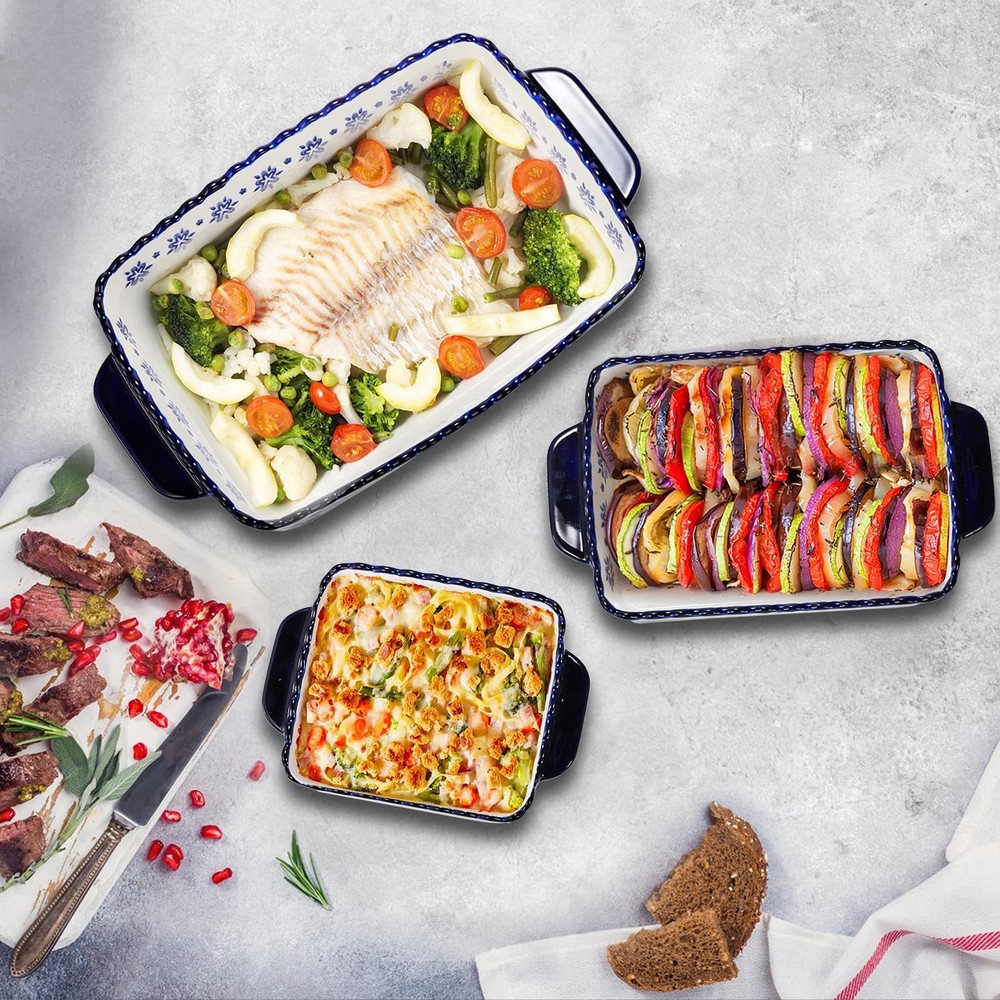 SOUJOY 3-Pack Porcelain Bakeware Set - Rectangular Baking Dishes, Lasagna Pan